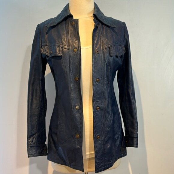 Vintage blue leather jacket snap closure shirt style fitted size S/M by Marquis - Picture 2 of 12
